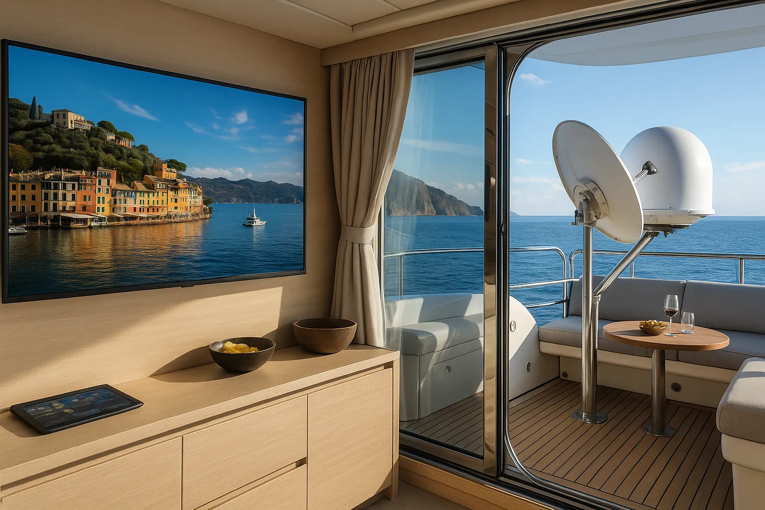 Maritime TVRO solutions with satellite dome installed on cruise ship for live television access at sea