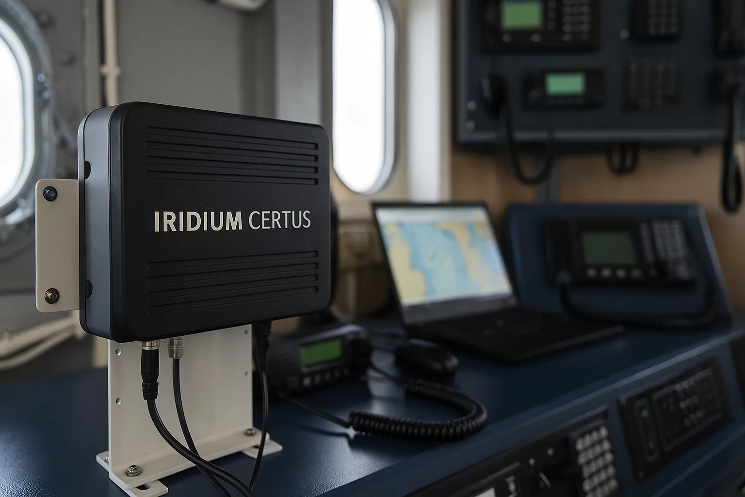 Interior of a vessel with crew monitoring Iridium Certus maritime connectivity system on control panels