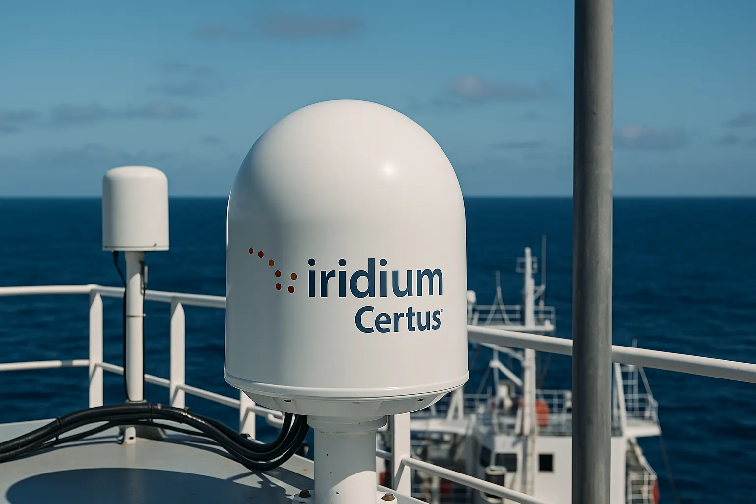 Marine vessel equipped with Iridium Certus maritime connectivity hardware for global satellite communication