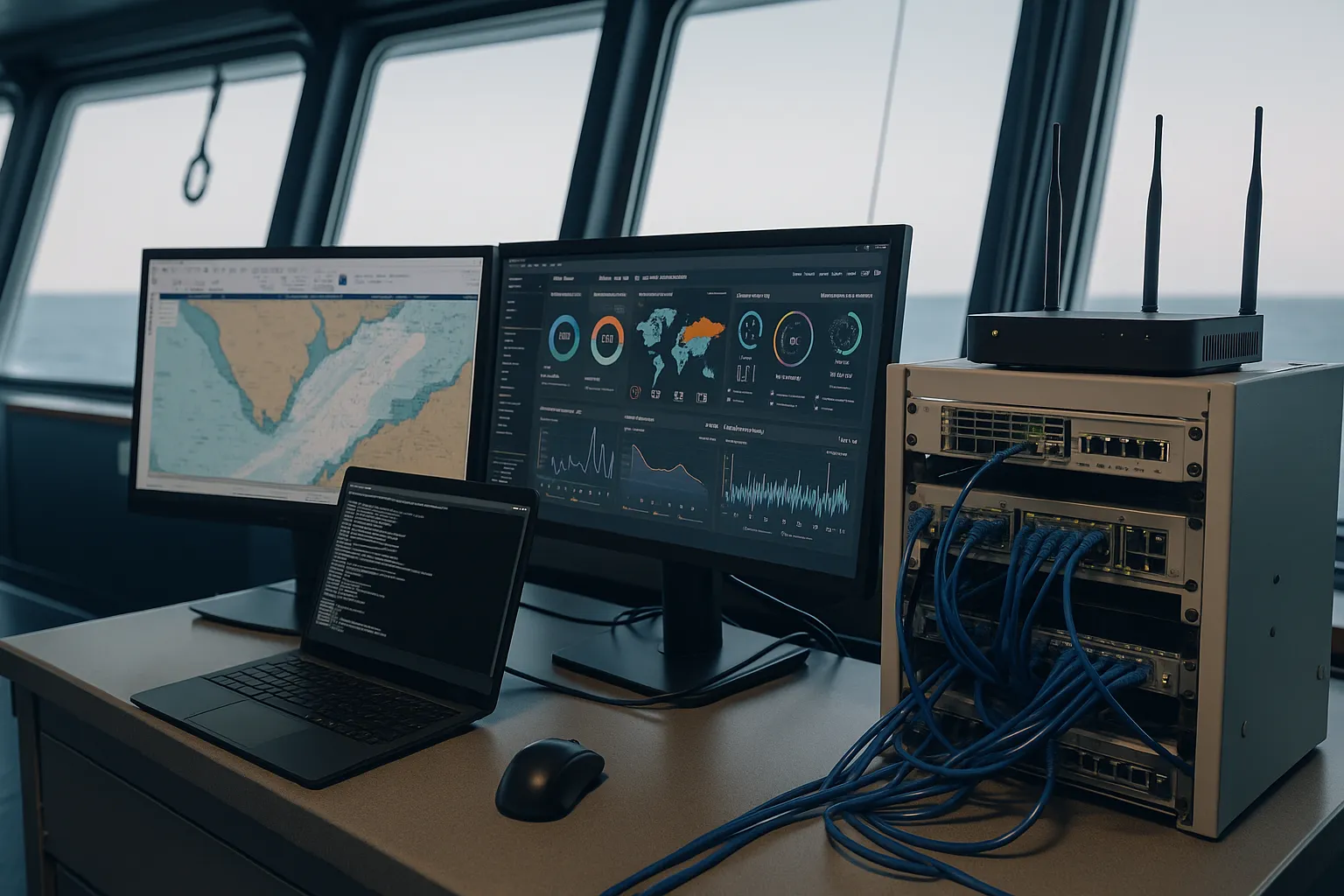 Maritime it technician working on vessel network infrastructure and communication systems at sea
