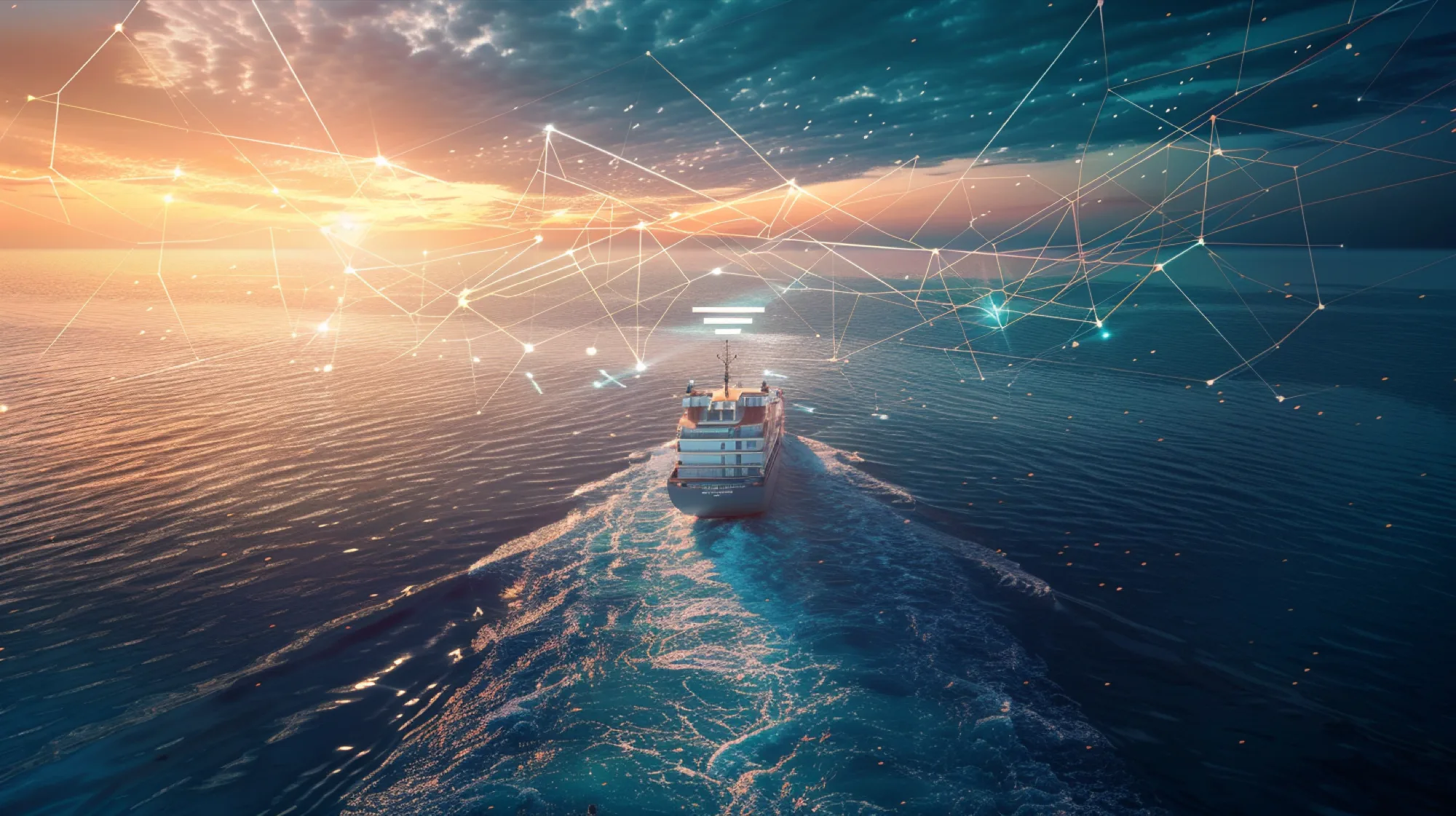 Hybrid maritime connectivity showing a smart ship using Starlink, OneWeb, and VSAT satellite systems for global redundancy