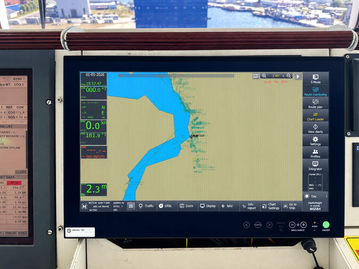 ECDIS chart display in route monitoring mode with heading, speed and depth data during commissioning
