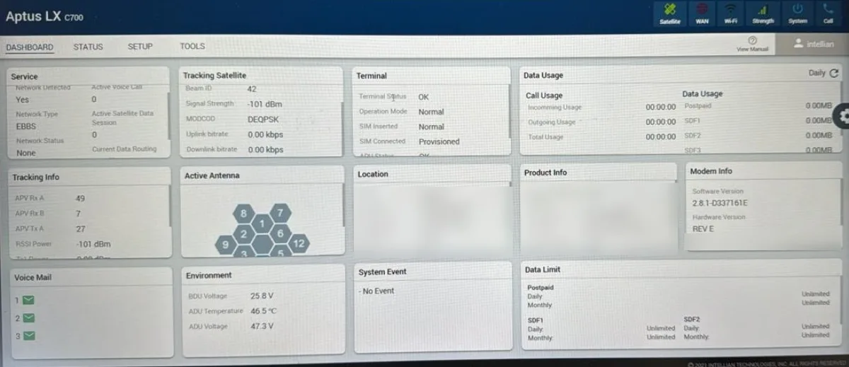 Intellian Aptus LX web interface of a C700 terminal showing satellite tracking, signal strength and terminal status