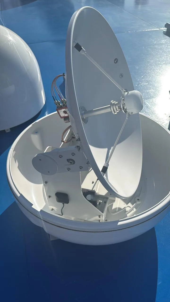 Marine TVRO antenna with the radome removed, showing the satellite dish, LNB and stabilised tracking pedestal