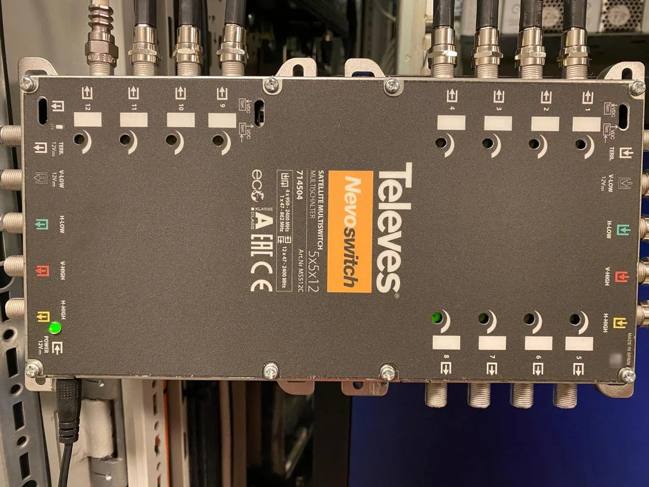 Televes Nevoswitch 5x5x12 satellite multiswitch distributing TVRO signals to 12 cabin outlets on a ship