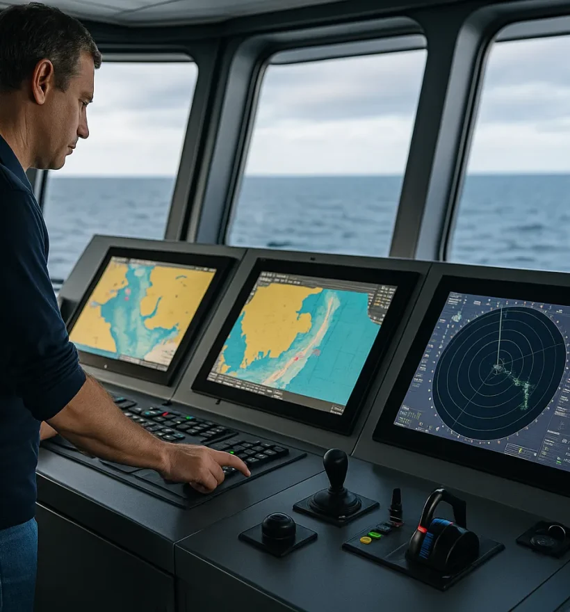Crew operating bridge systems with secure connectivity via Inmarsat maritime VSAT backup solution
