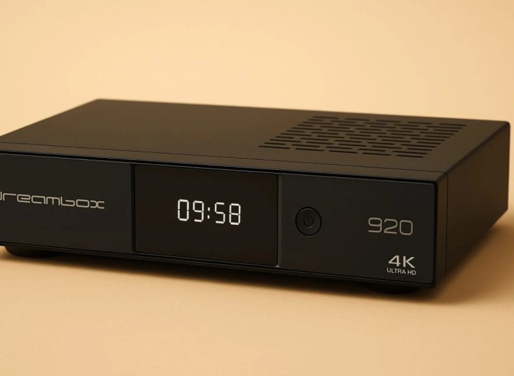 Dreambox 920 Ultra HD receiver on a beige background, showcasing its 4K UHD label, digital clock, and sleek matte black design
