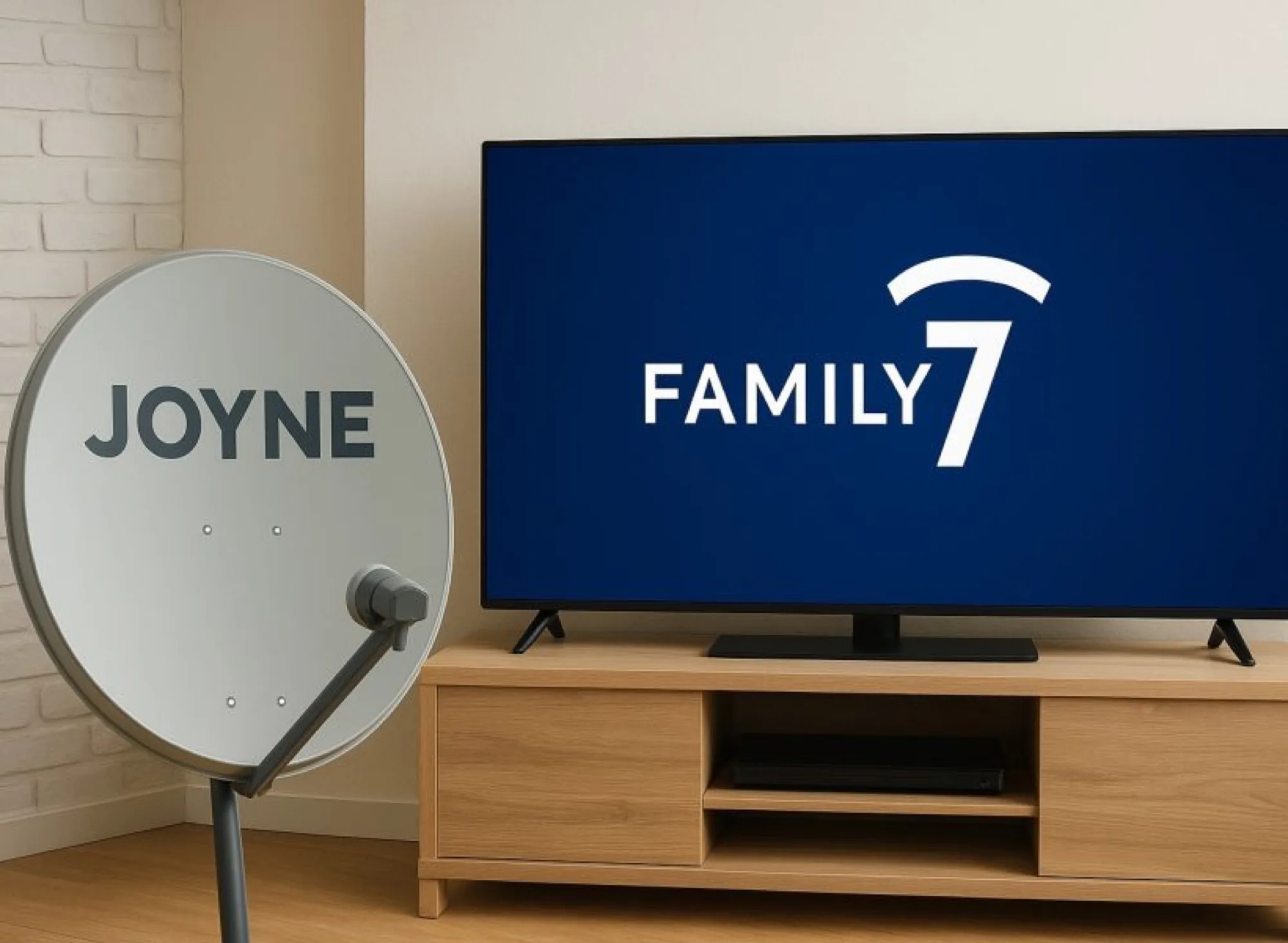 Joyne satellite dish and a TV displaying the Family 7 logo, highlighting the channel's new availability on Joyne's satellite platform.