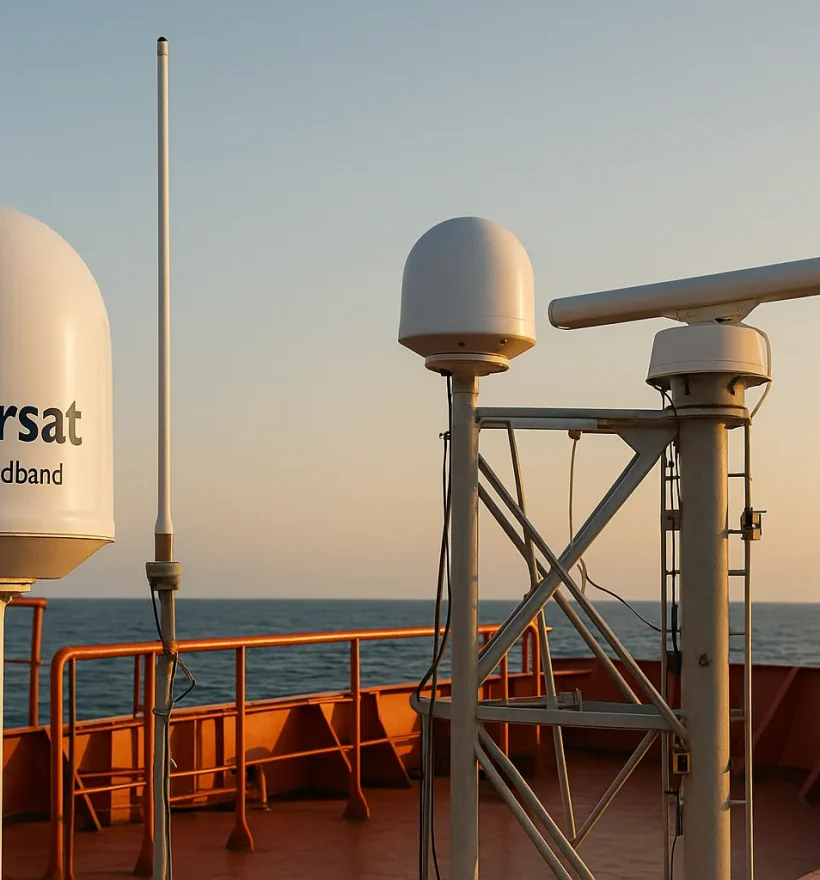 Marine control room with Inmarsat maritime VSAT backup system ensuring global voice and data connectivity