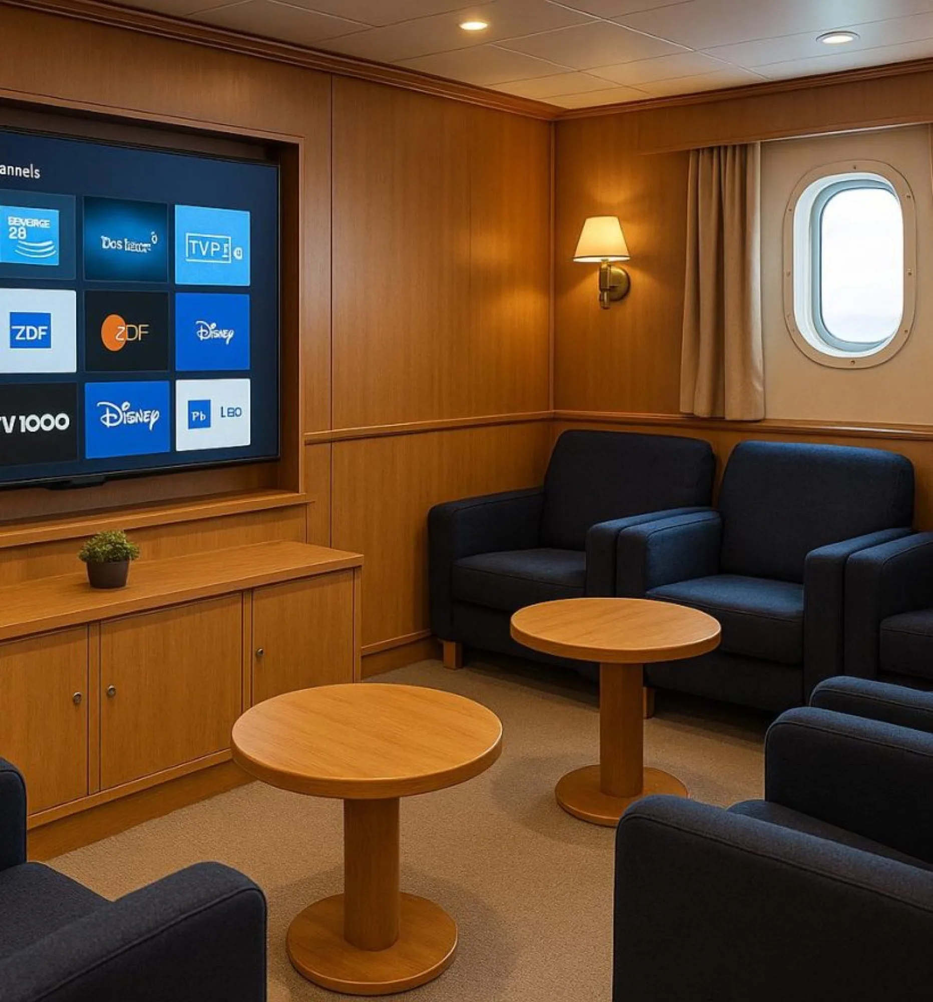 Cruise ship guest watching live TV via Fleex hospitality IPTV system in cabin