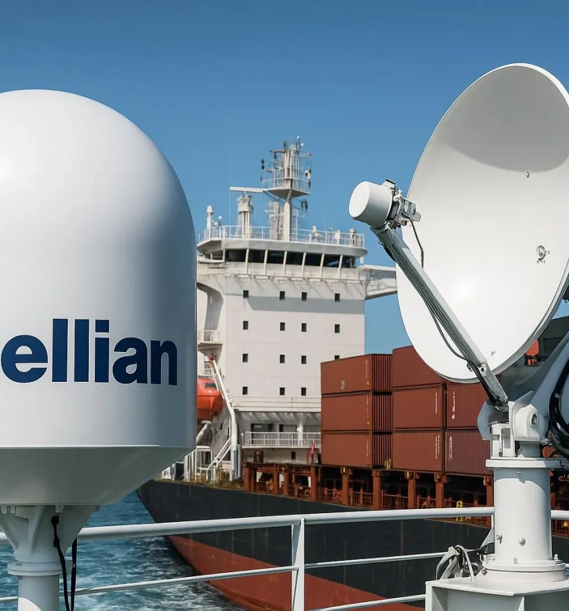 VSAT satellite antenna installed on a cargo ship's upper deck providing maritime internet connectivity at sea