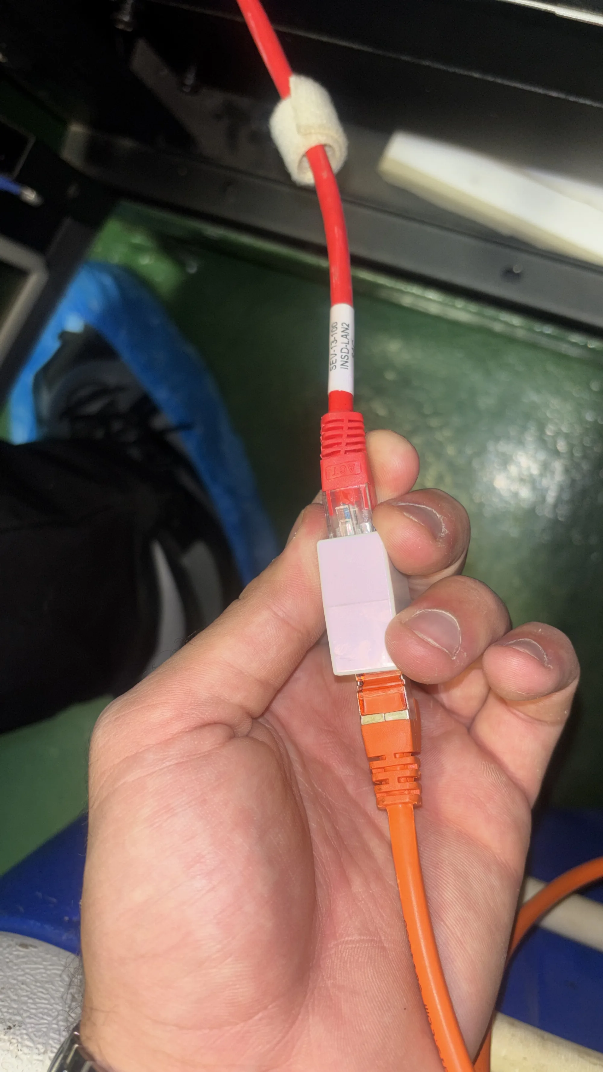 Labelled network cables in the Fleet Xpress rack