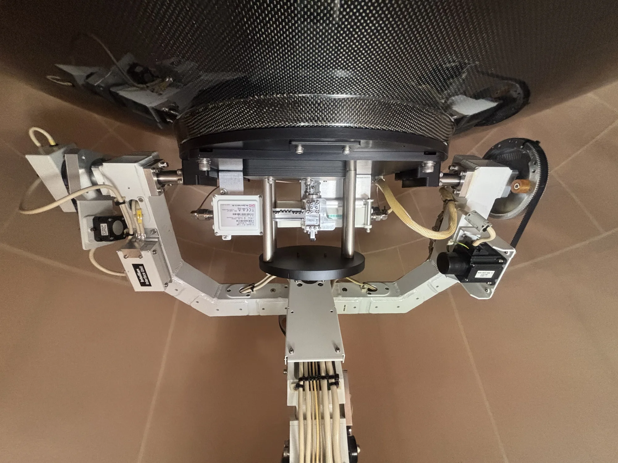 Underside of the GX100 reflector with motors and feed assembly