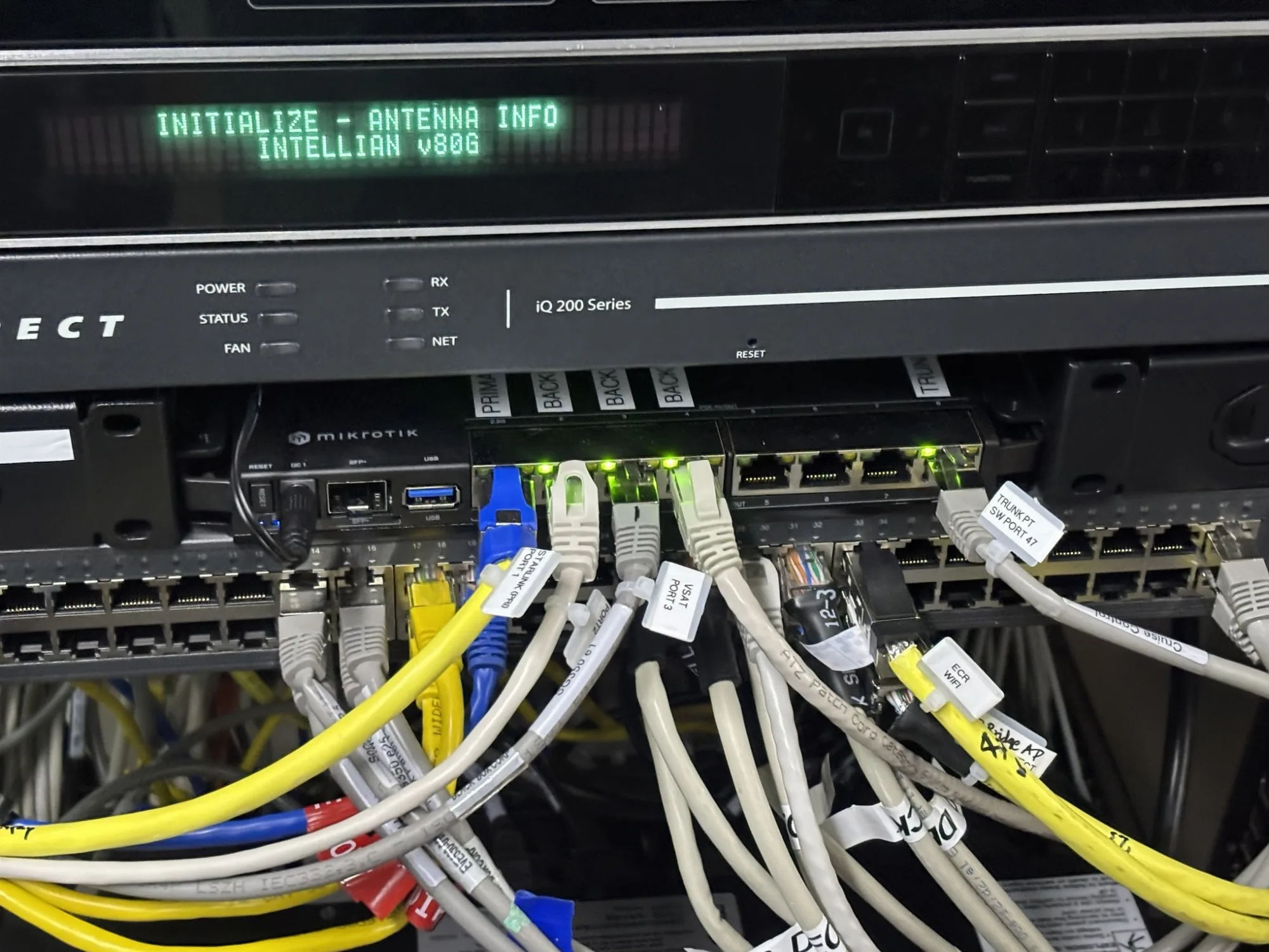 Intellian v80G antenna control unit, iDirect modem and MikroTik router in the vessel's VSAT rack