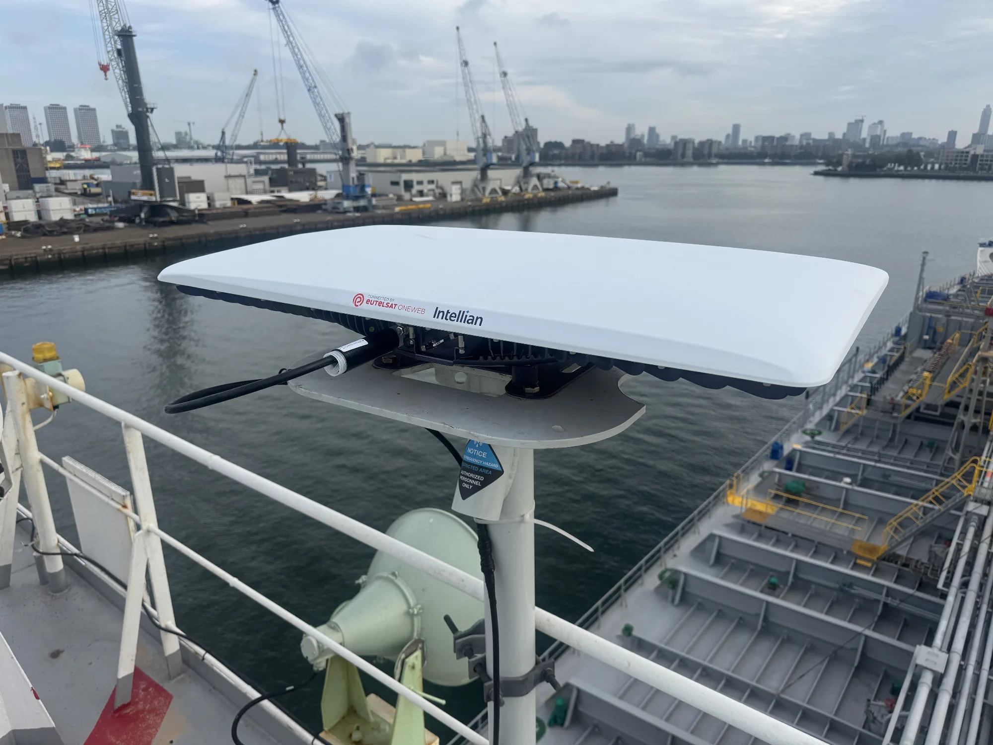 Intellian OW11FM OneWeb antenna installed on the tanker's mast