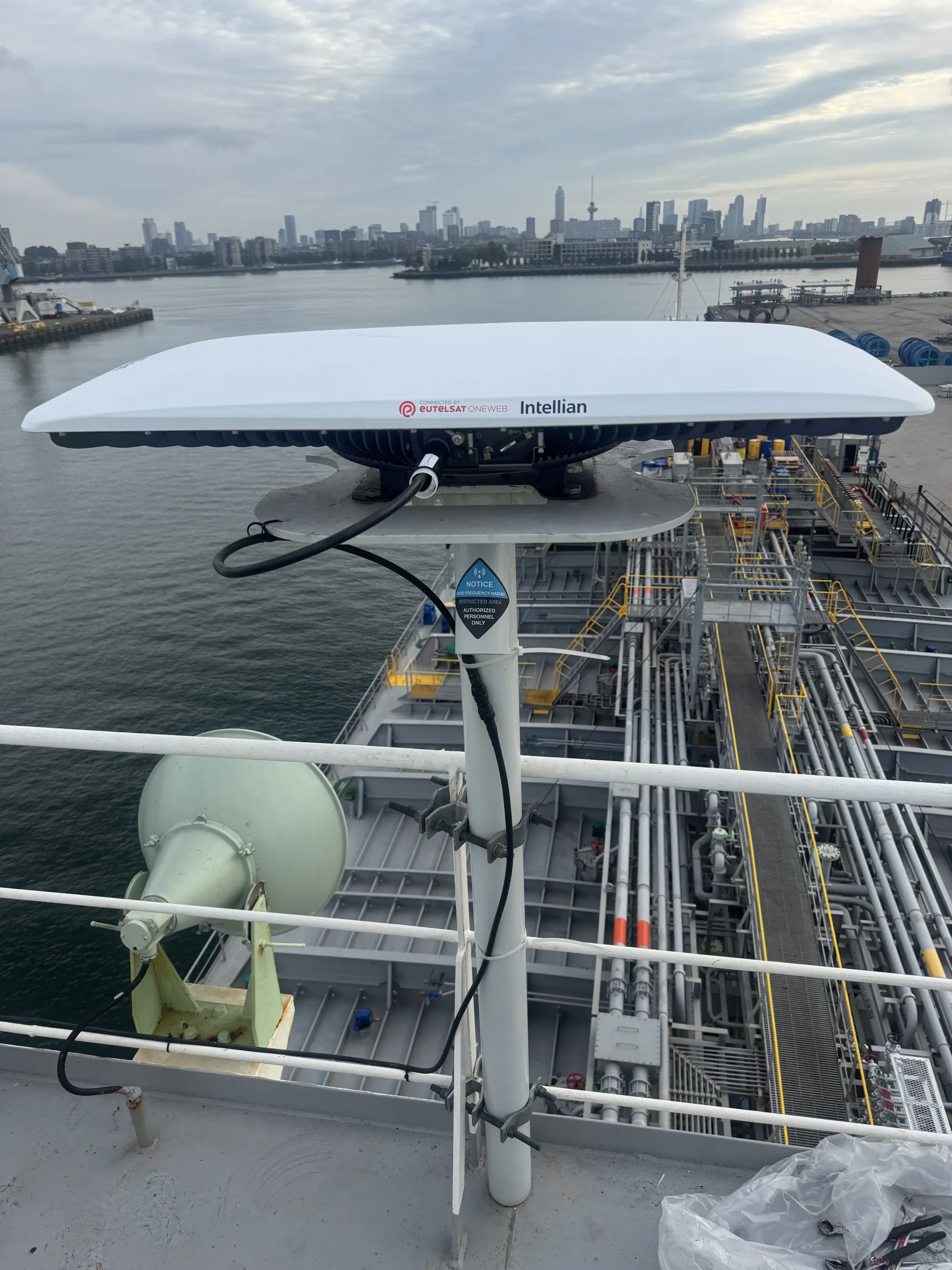Side view of the new OneWeb antenna on its mount above deck