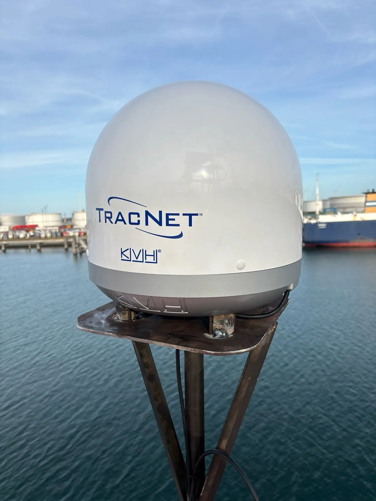 KVH TracNet dome on its mount, used as LTE backup for the vessel