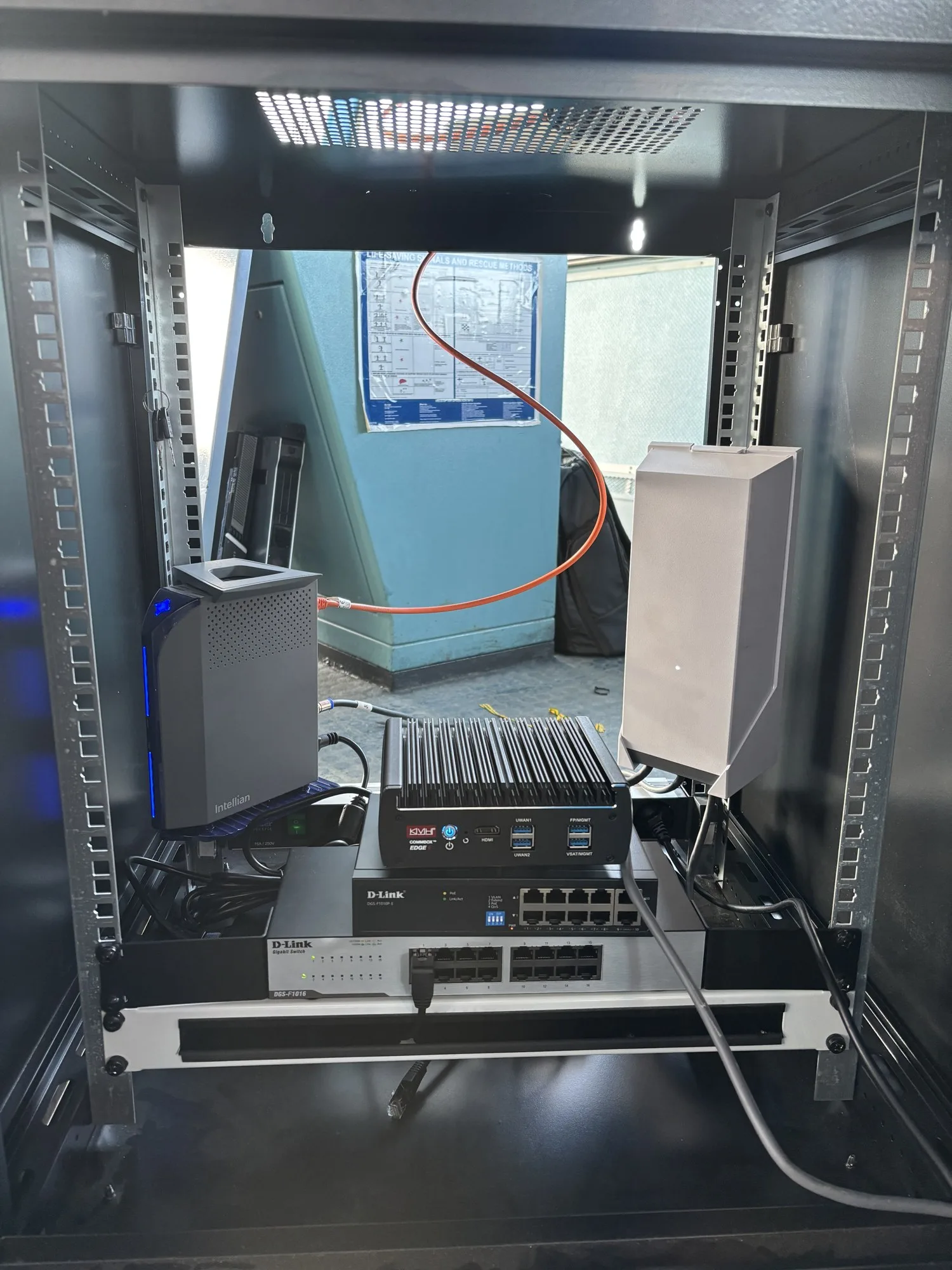 New communications rack with Intellian OneWeb terminal, KVH CommBox Edge, Starlink router and D-Link switches
