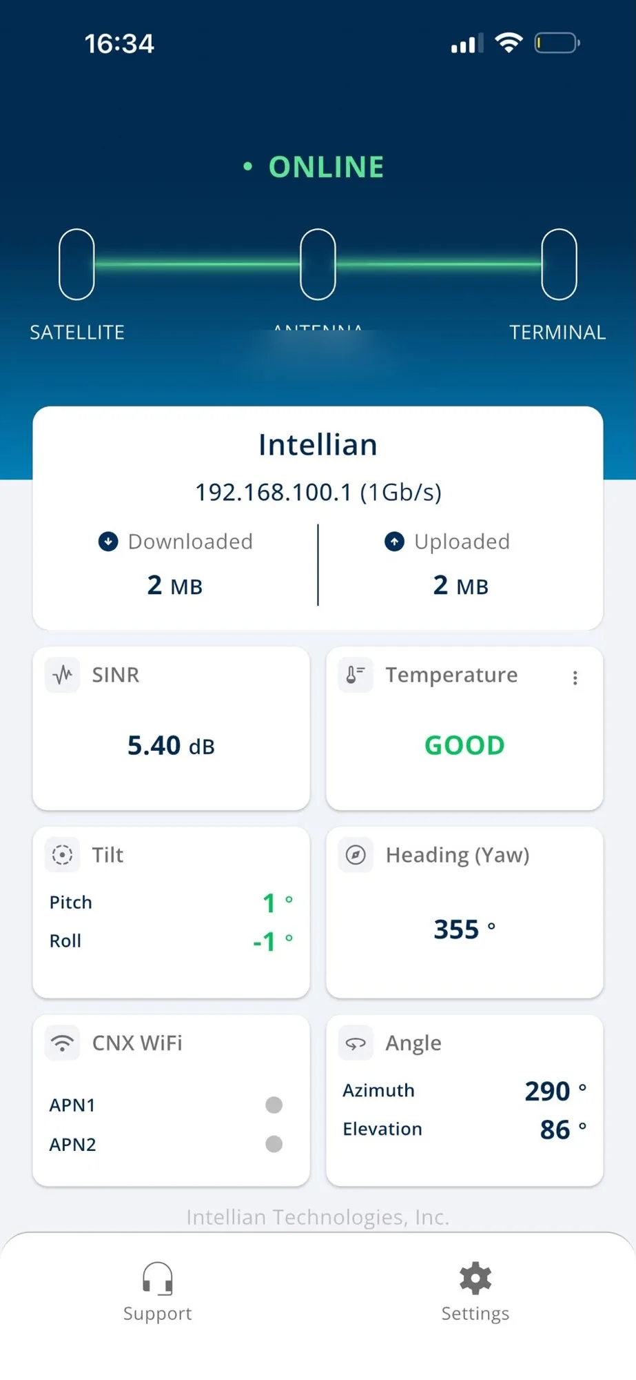 Intellian app showing the OneWeb terminal online after commissioning