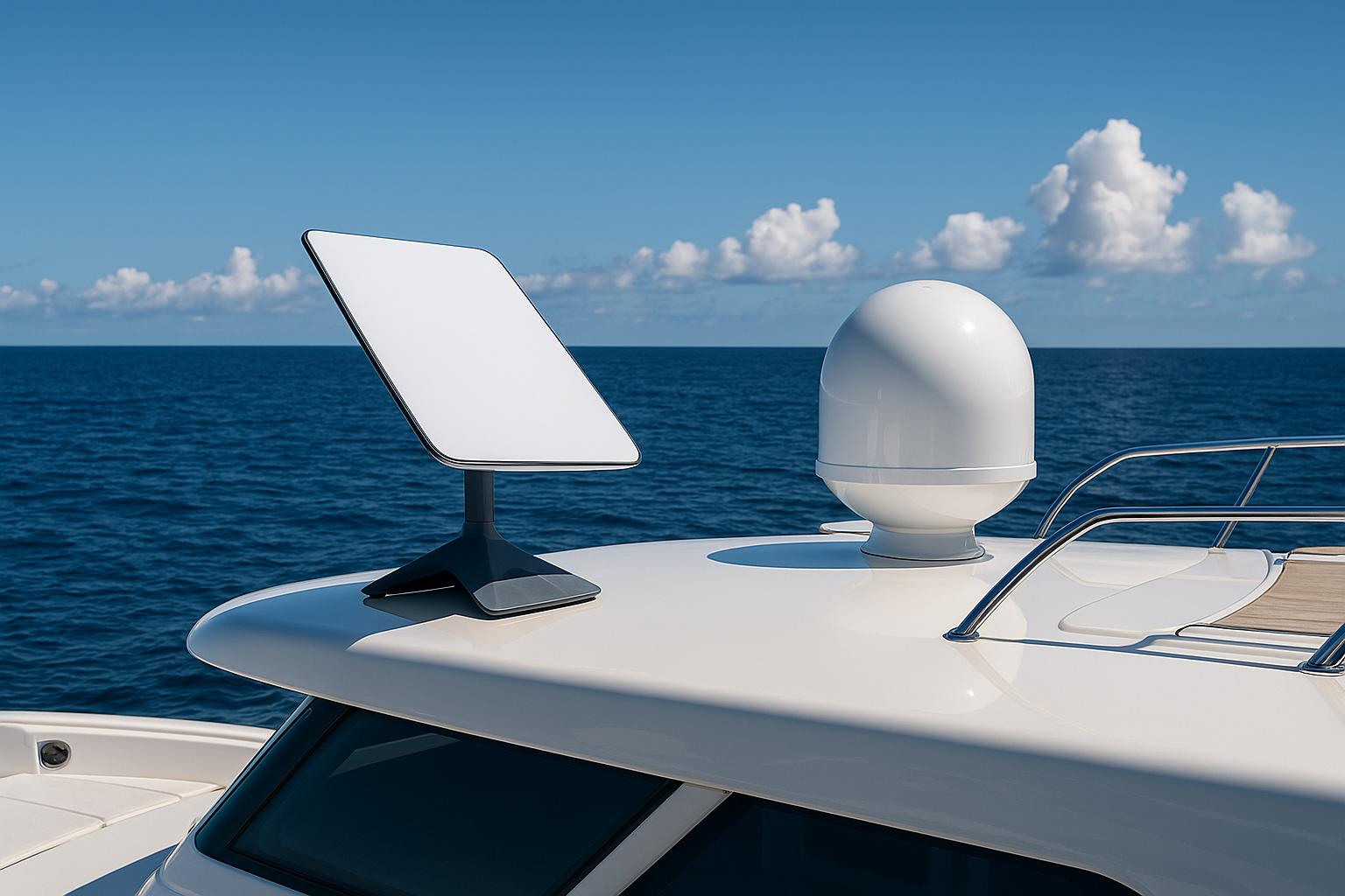 A modern boat equipped with Starlink satellite internet cruising through open waters under clear skies