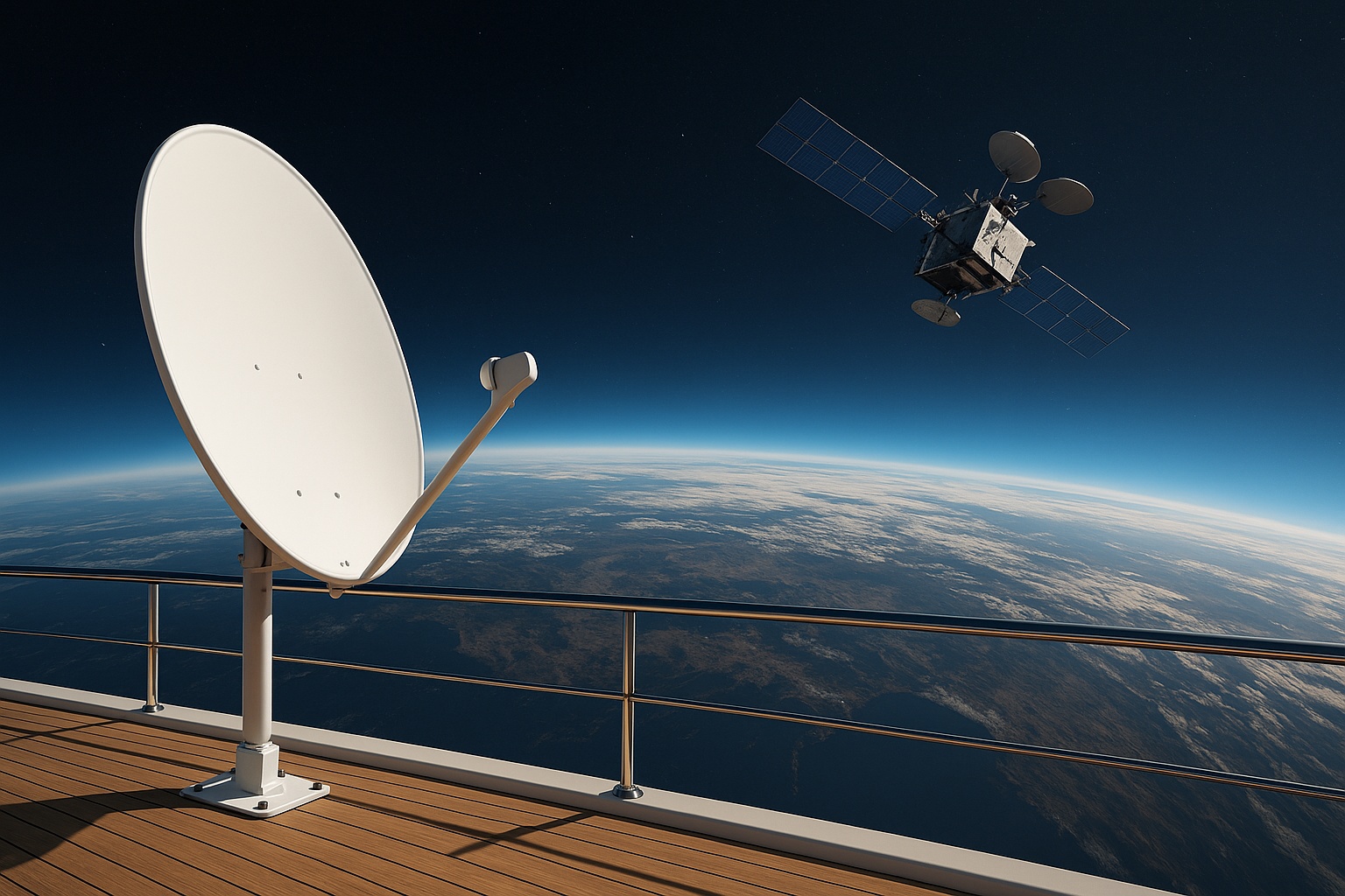 A satellite dish aligned for Spanish TV Hotbird 13B reception on a yacht deck.