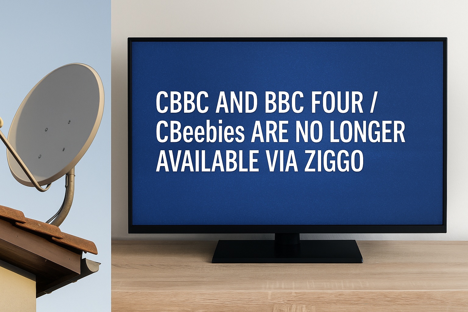 A satellite dish on a rooftop and a TV screen showing a message that CBBC, BBC Four, and CBeebies are no longer available via Ziggo