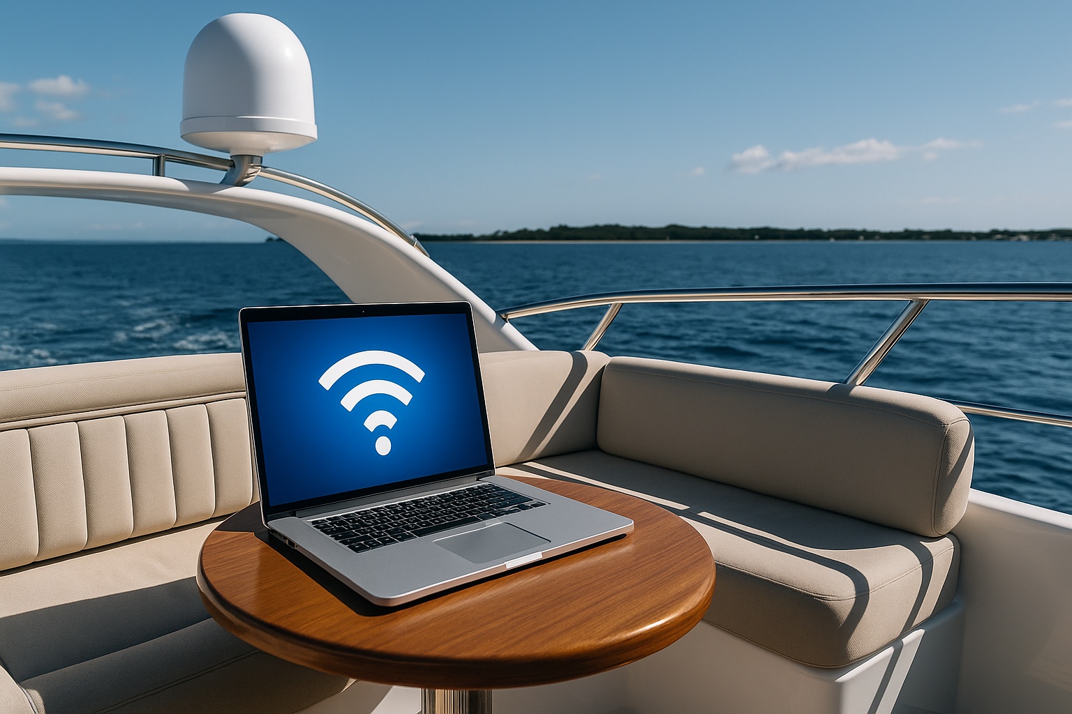Back deck of a white yacht equipped with advanced maritime WiFi antennas, showcasing seamless internet connectivity at sea.