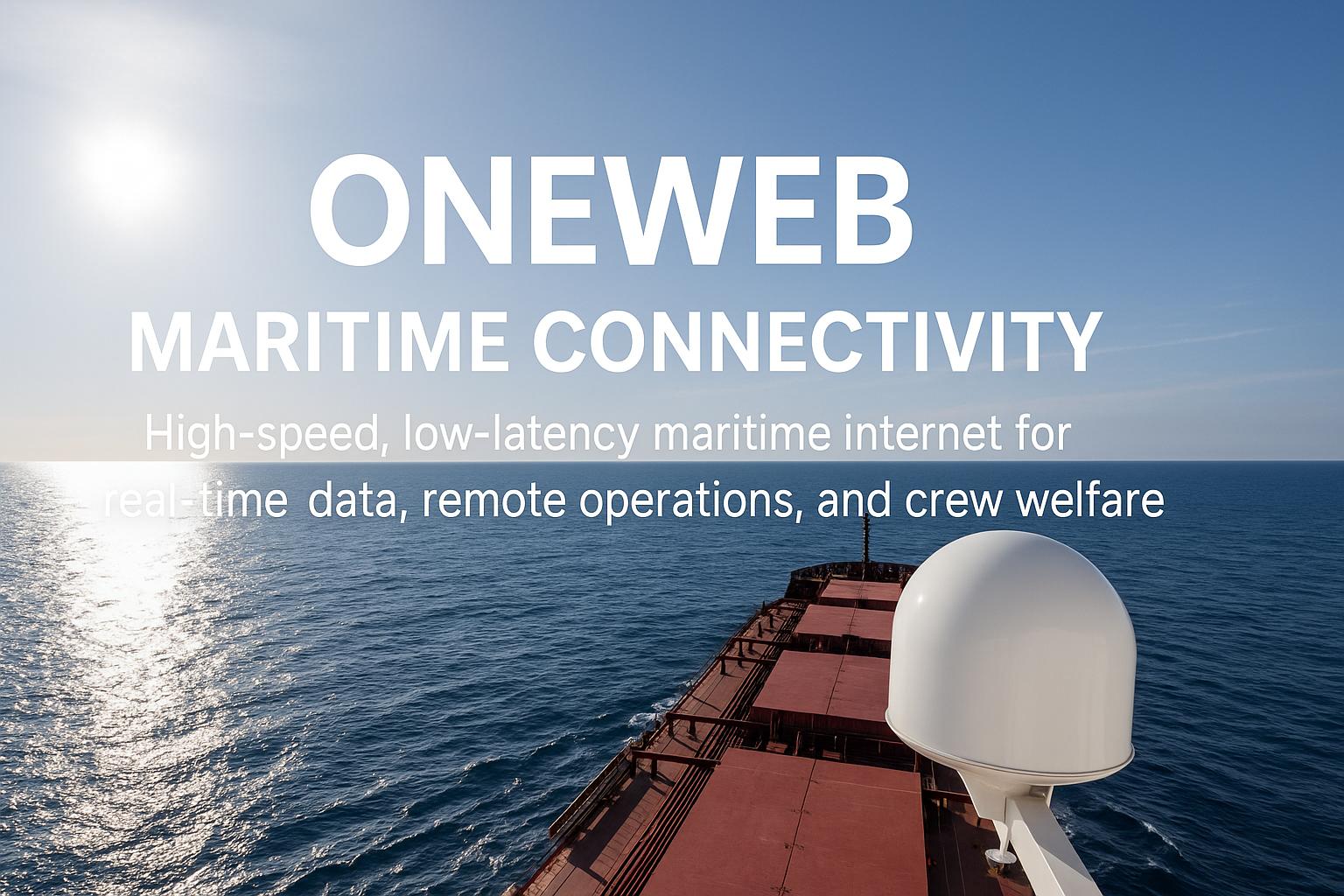 Cargo vessel equipped with OneWeb satellite antenna sailing in open sea under clear sky, showcasing maritime internet connectivity solution