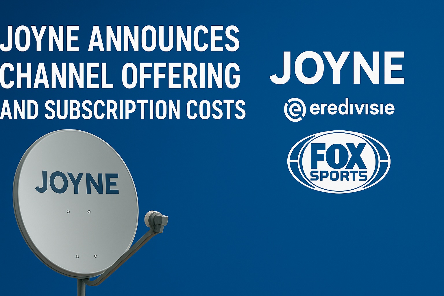 Joyne satellite TV dish next to Eredivisie and FOX Sports logos, highlighting new channel package and subscription pricing