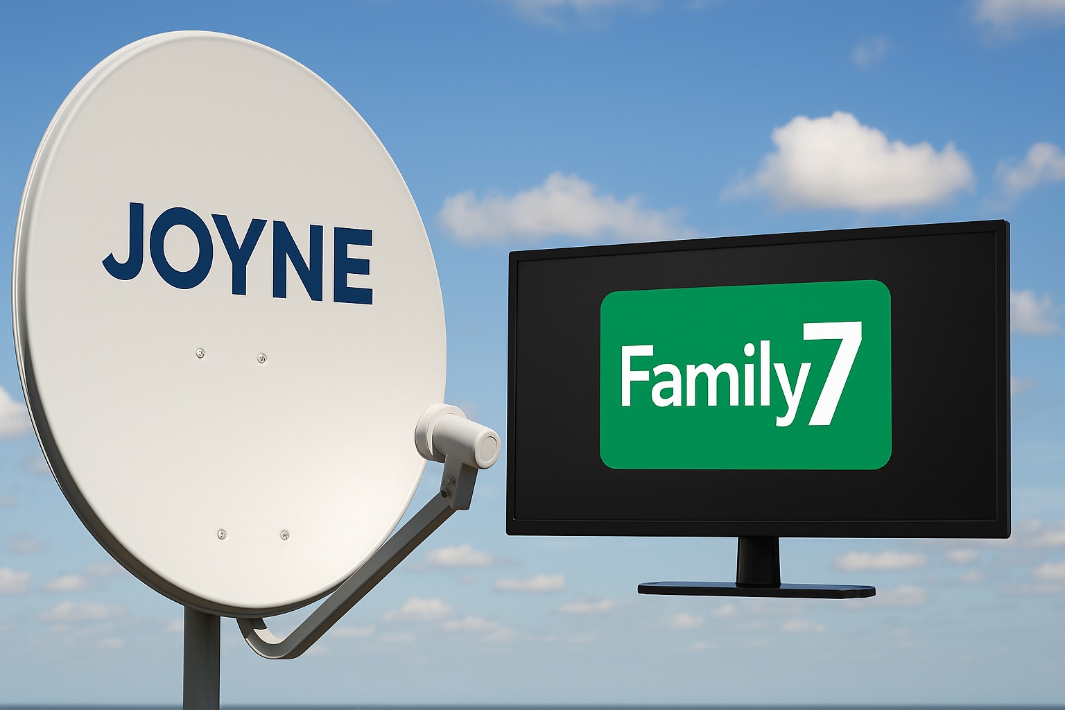 Joyne satellite dish next to a TV screen displaying Family 7 logo, symbolizing the new satellite availability of the Christian TV channel.