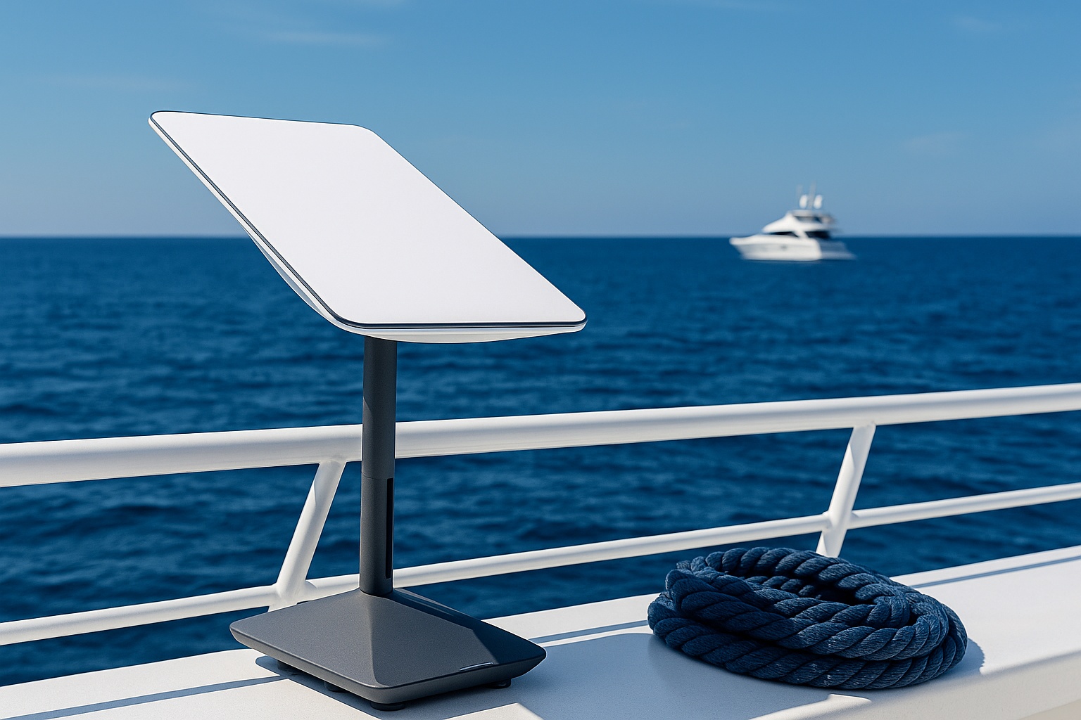 Starlink Gen 3 Dish installed on a yacht deck with clear view of the ocean, showcasing modern maritime connectivity equipment