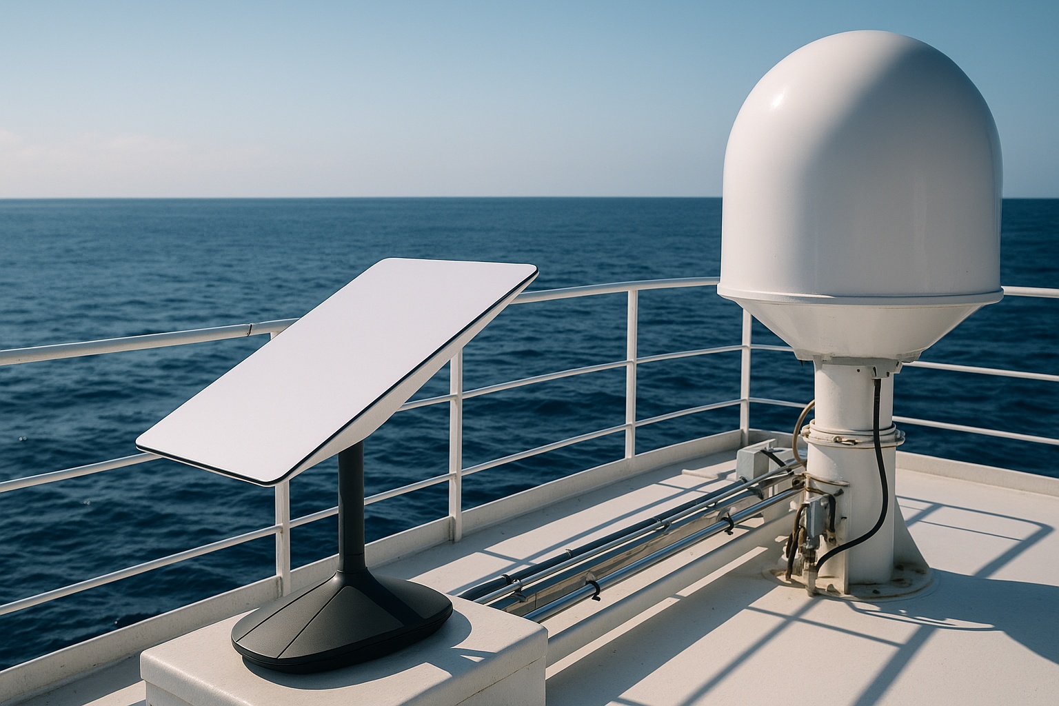 Starlink satellite dish installed on a vessel deck, with open sea in the background under clear skies