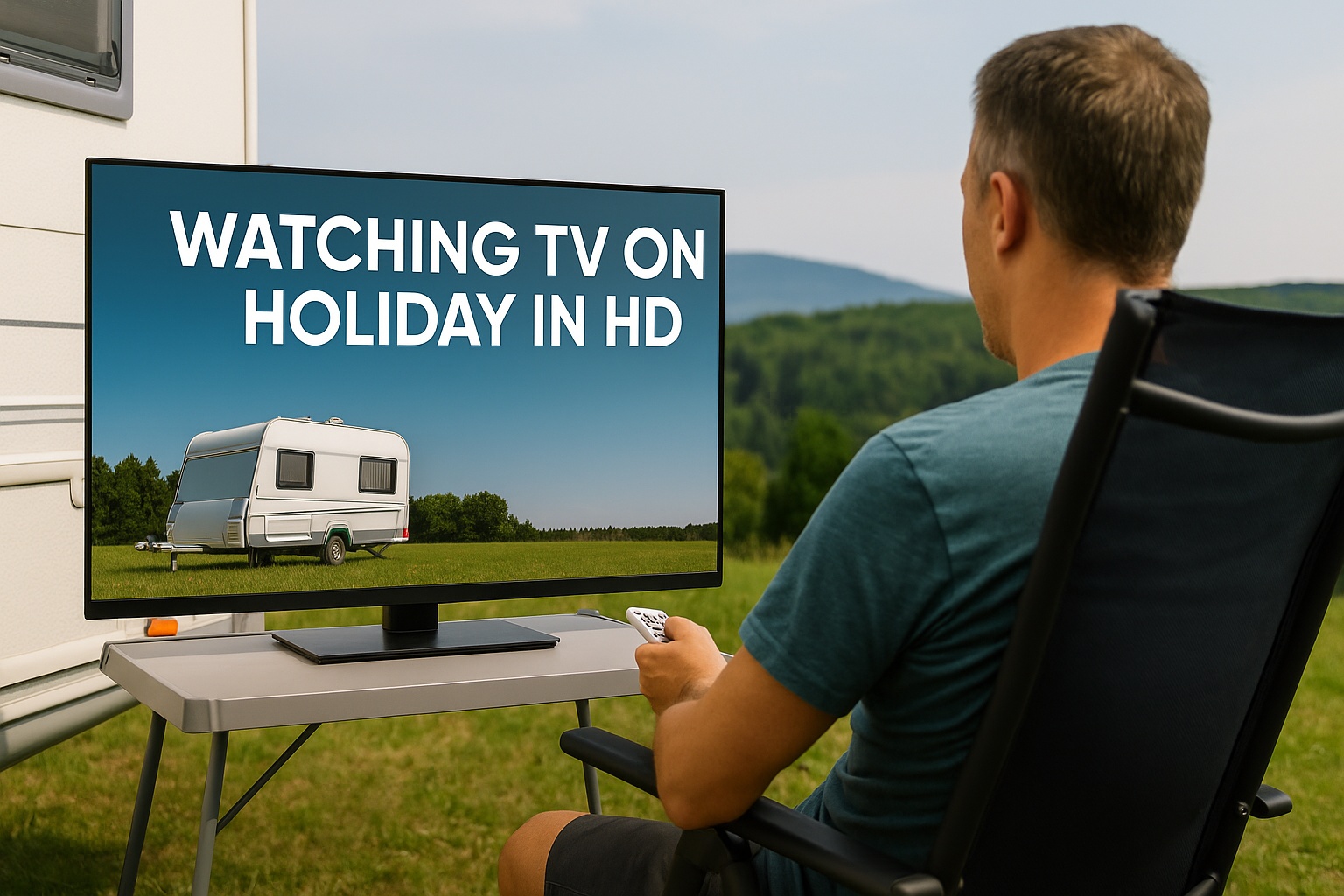 Watching TV on holiday with Canal Digitaal – man enjoying HD television near a caravan in the countryside.