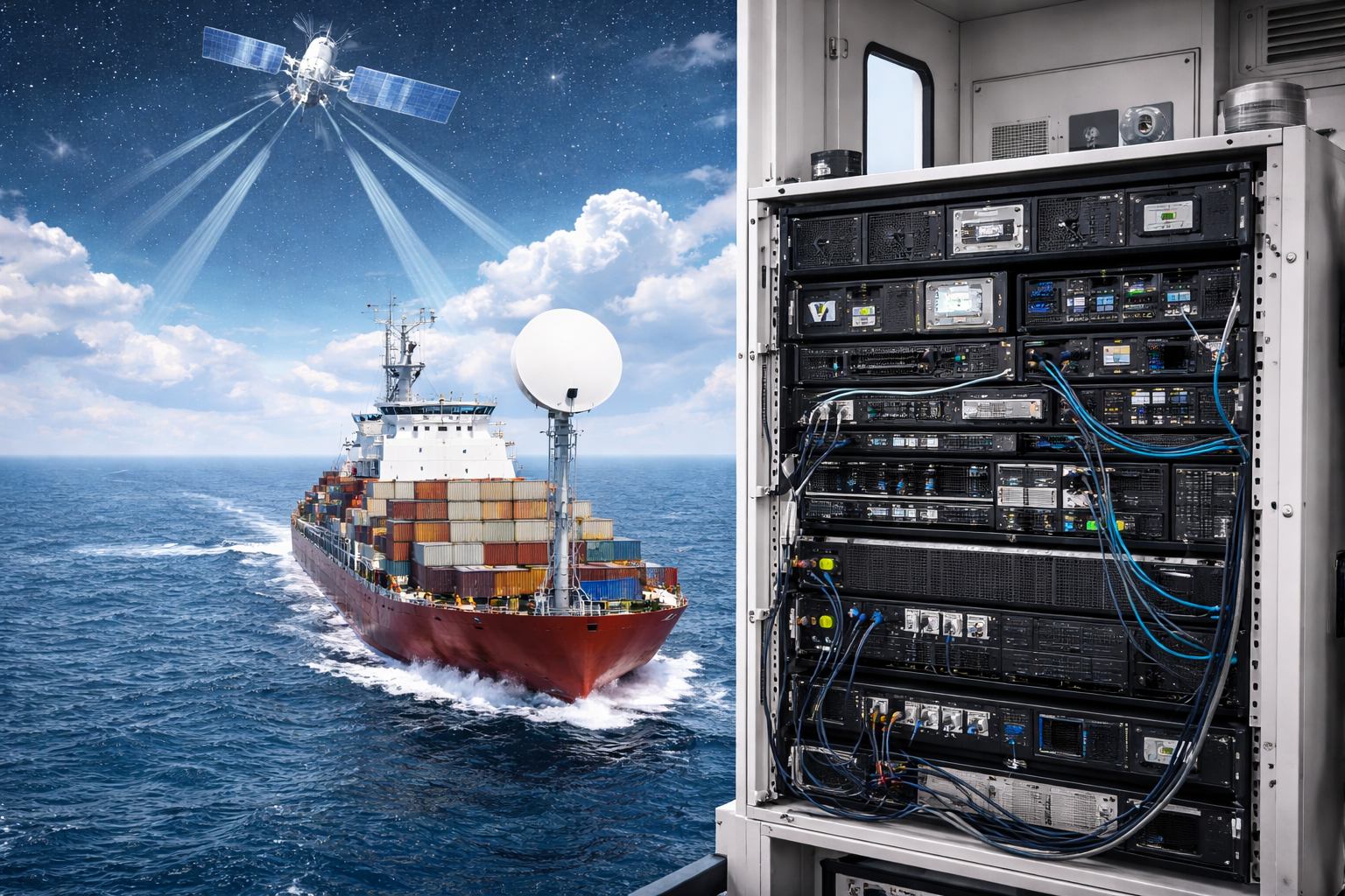 VSAT installation for ships maritime satellite antenna on cargo vessel
