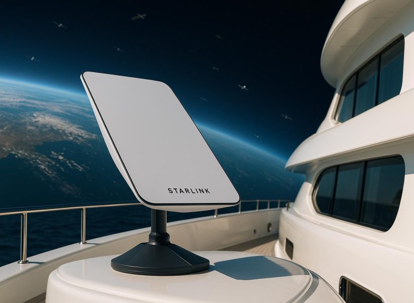 A Starlink satellite dish mounted on a luxury yacht deck with Earth visible in the background, symbolizing high-speed maritime internet access.
