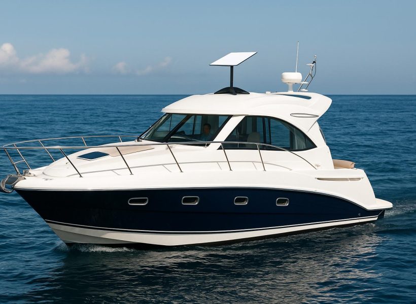 A high-resolution photograph captures a motor yacht equipped with a Starlink Gen 3 dish, cruising on calm blue sea under a clear sky