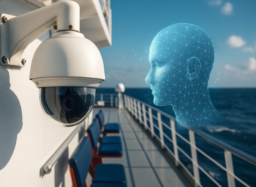 AI-enhanced surveillance dome camera installed on ship deck monitoring open sea in real time
