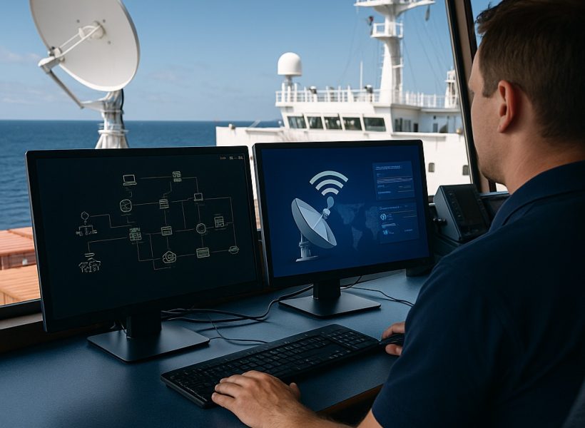 IT technician managing shipboard satellite communication systems with VSAT and Starlink on a cargo vessel bridge