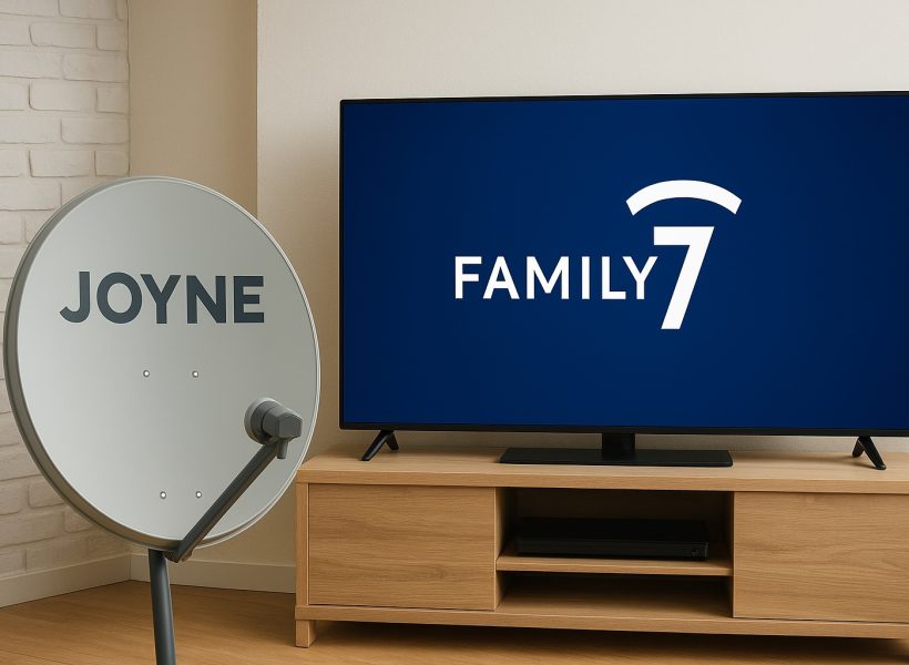 Joyne satellite dish and a TV displaying the Family 7 logo, highlighting the channel's new availability on Joyne's satellite platform.