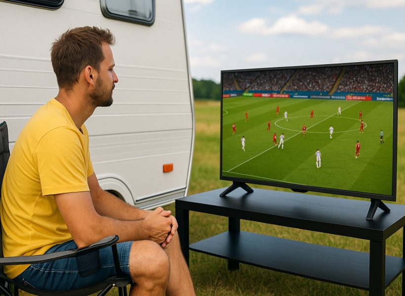 Man watching a live football match outdoors on a TV beside a caravan, representing flexible holiday TV with Canal Digitaal