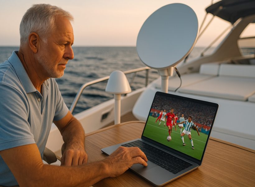 Older man using a tablet onboard a yacht, connected via Satcenter’s maritime WiFi system at sea.