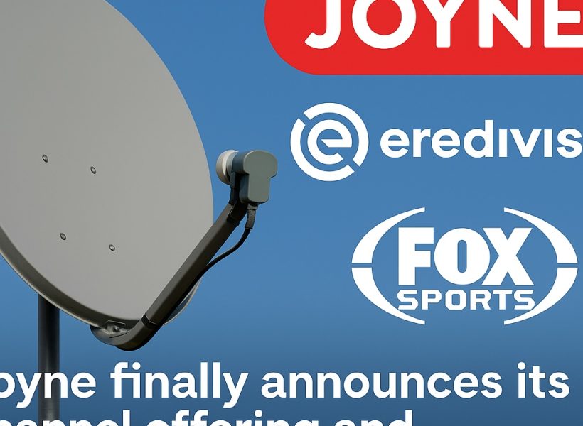 Satellite dish next to Joyne, Eredivisie, and FOX Sports logos, announcing Joyne's new channel offering and subscription pricing