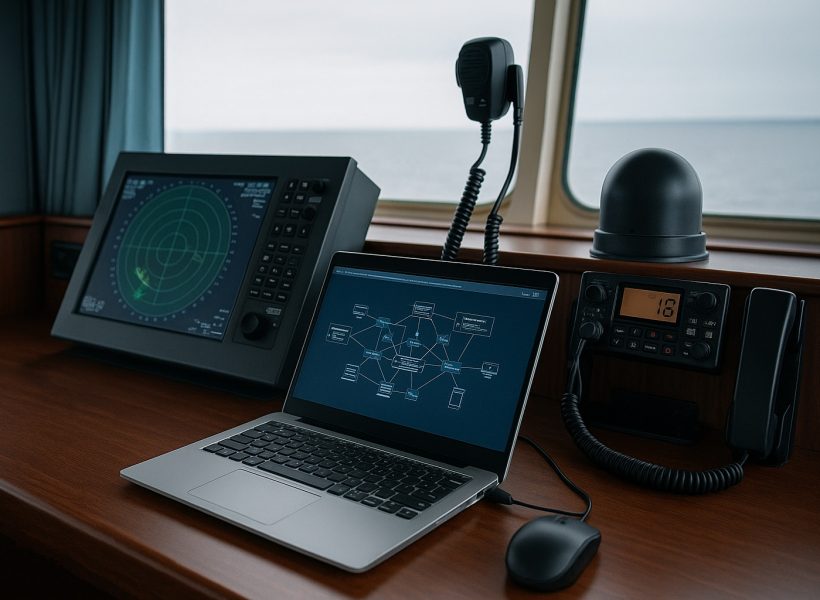 Ship control room showcasing radar, laptop, and communication equipment used in vessel IT management