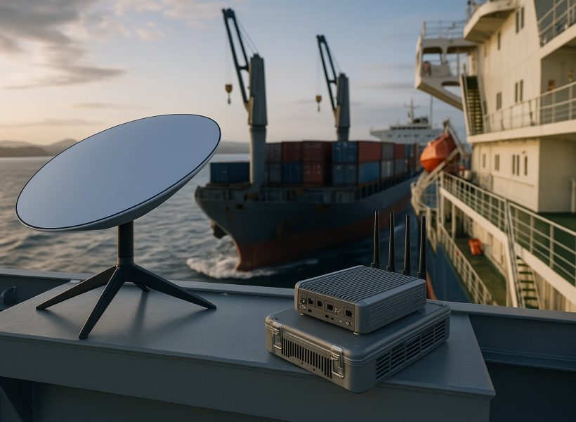 Starlink satellite and SD-WAN router setup on a cargo ship's deck at sea with container vessel nearby