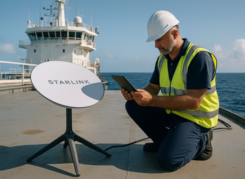 Technician installing a Starlink satellite dish on a vessel under clear skies, performing network configuration on site