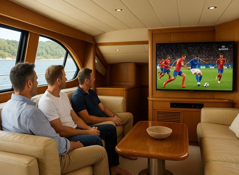 Three friends watching a live Euro 2024 match inside a luxury yacht with sea view and comfortable interior
