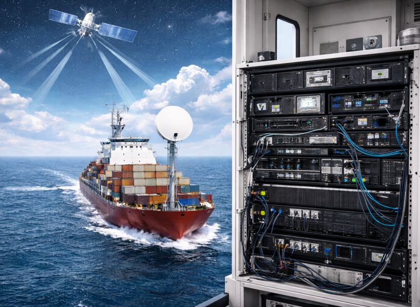 VSAT installation for ships maritime satellite antenna on cargo vessel